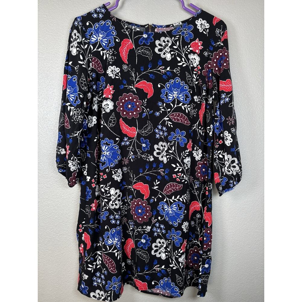 Old Navy Floral Pleated Mini Swing Dress Women Black Floral‎ Large 3/4 Sleeve